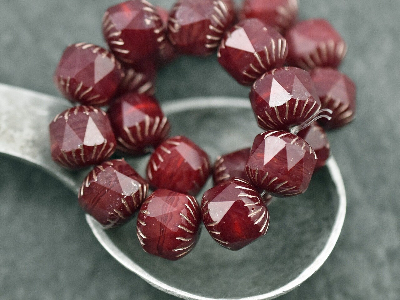 *10* 10mm Platinum Washed Red Opaline Center Cut Cruller Beads